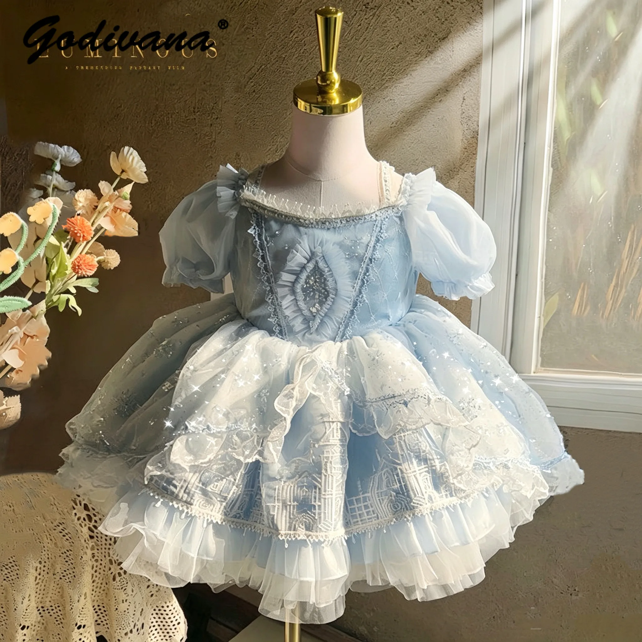 Sweet Baby Girls High End Lolita Princess Dress Kids 2026 New Summer Puff Sleeve Lace Trim Sequin High Waist Birthday Party Gown