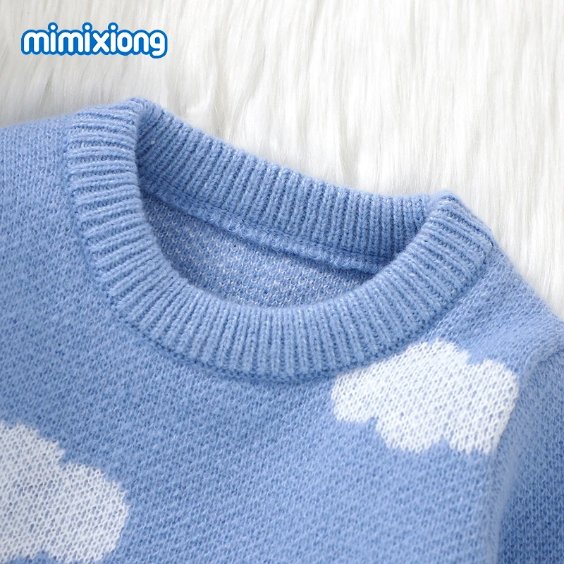 Blue Baby Knitted Sweaters Autumn Winter Crew Neck Long Sleeves Infant Boys Girls Outwear Pullovers Jumpers White Cloud Knitwear