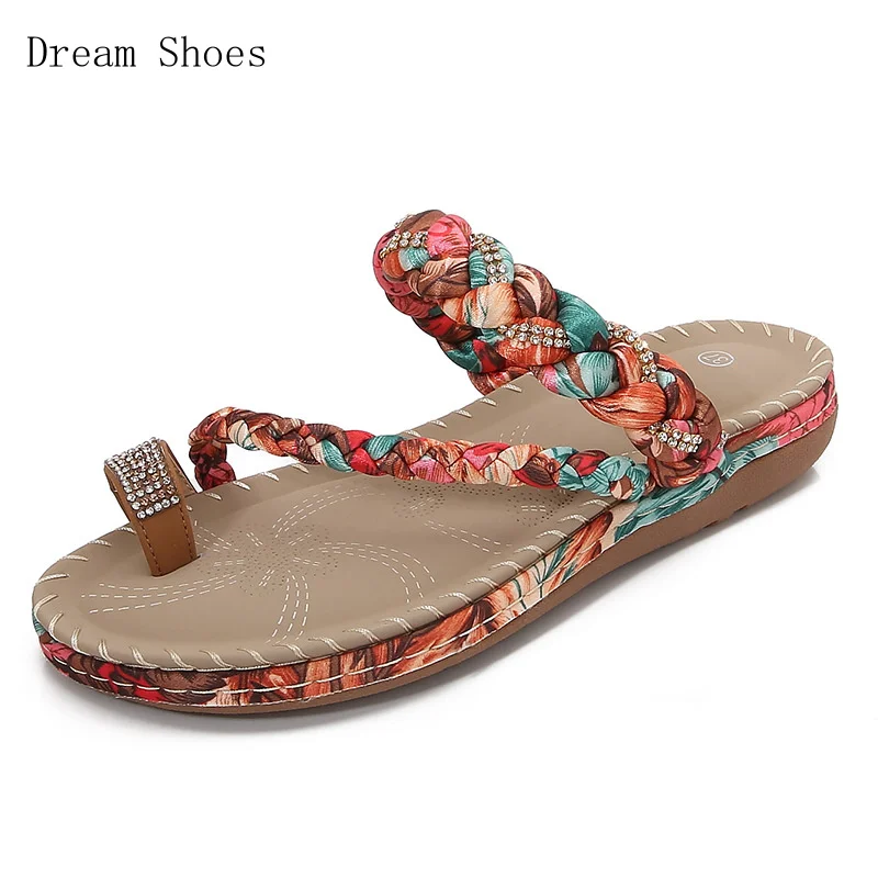 

2025 Новые богемные сандалии со стразами, летние модные сандалии на плоской подошве для пляжа