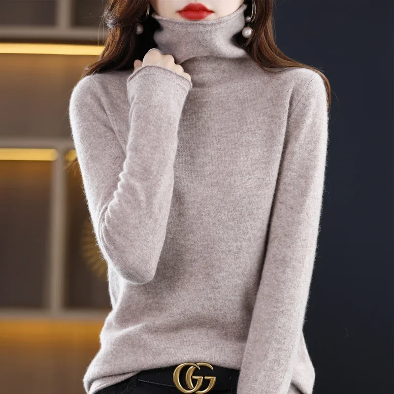 

100% Pure Wool Women Sweater Autumn Winter Fashion Pile Collar Pullover Cashmere Sweater Casual Long-sleeved Knitted Tops A466