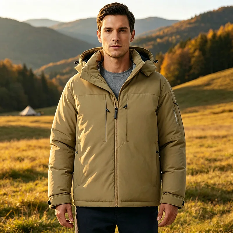 Men's Outdoor Hooded Cotton Jacket Khaki Windproof Warm Sports Jacket Autumn Winter Hiking Camping Thick Assault Cotton Jacket