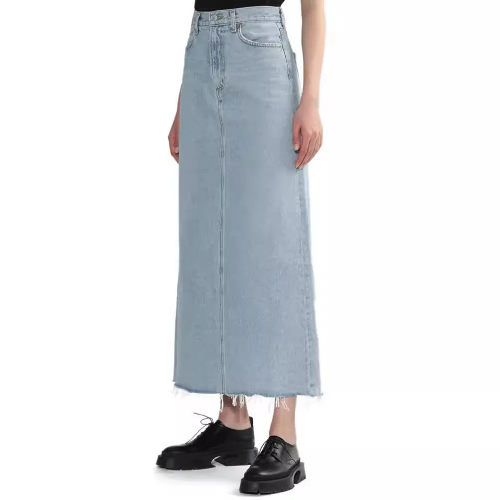 

Denim Skirt For Women 2024 New Spring/Summer High Waist Vintage Raw Hem Back Slit Casual Style Runway Design High Quality