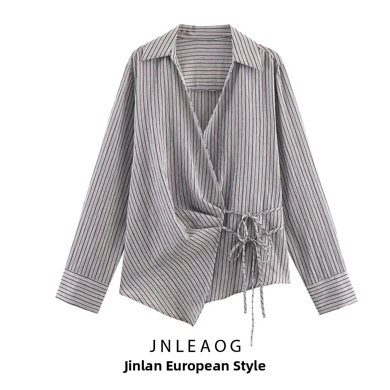 

Faionable Striped Knot irt JNLEAOG Женская одежда Осенняя новинка Sle Double Sve Полиэстер Long Sve irt