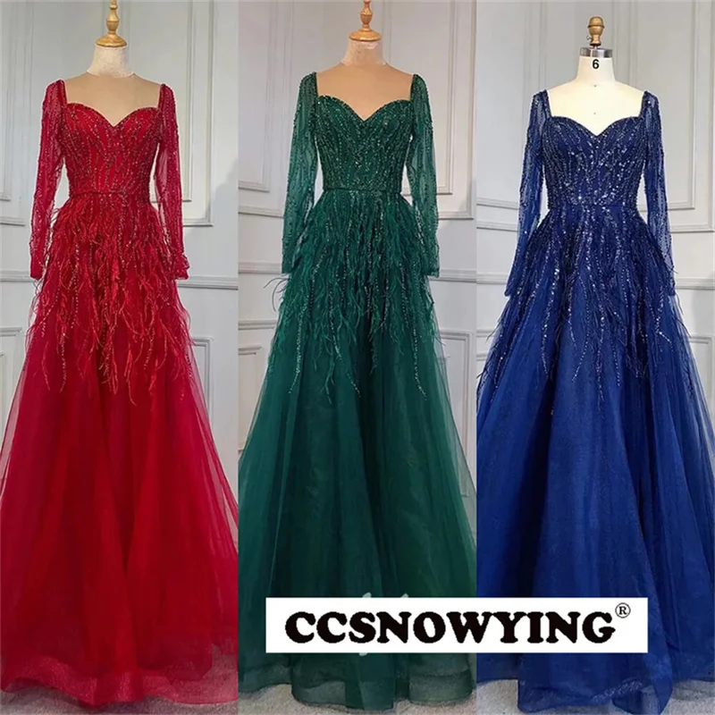 Luxury Tulle Appliques Beaded Feather Evening Dresses Long Sleeve Women Formal Party Gowns Arabic Kaftan Robes De Soirée