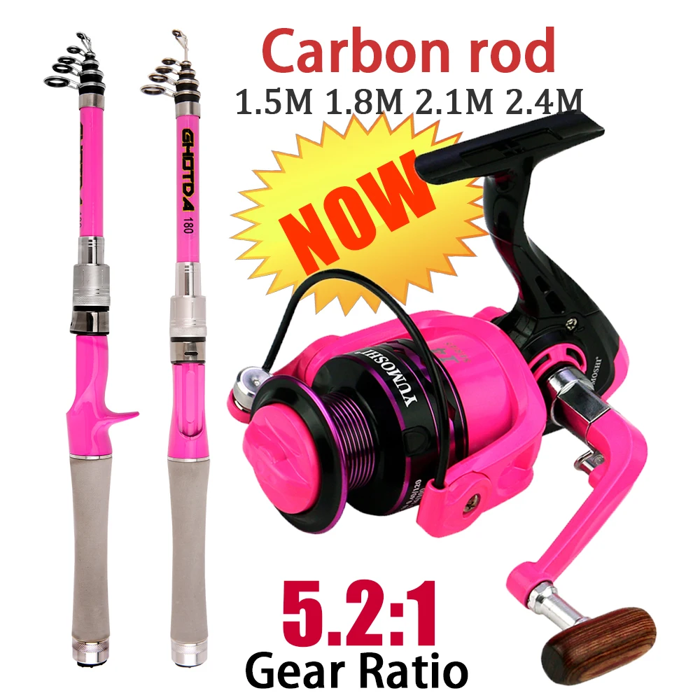 5/6/7sections Telescopic Fishing Rod and Reel Set Spinning Fishing Rods 5.2:1 Gear Ratio Fishing Reels Kit 1.5M 1.8M 2.1M 2.4M