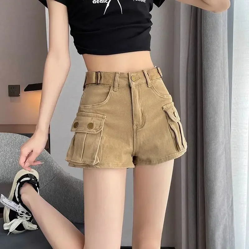 Pantalones vaqueros cortos para mujer, Pantalón Cargo ancho con bolsillos, ropa de diseñador de los años 2000, Y2k, elásticos, XL