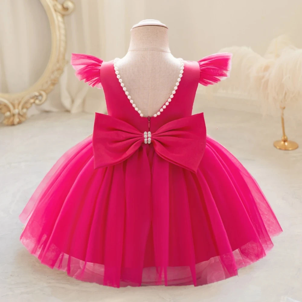 Toddler Girl Bow Princess Dress Girls Party Dresses Baby 1st Birthday Baptism Tulle Tutu Gown Children Flying Sleeves Costumes