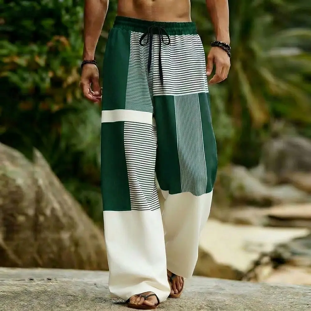 

Men's Geometric Striped Bohemian 3D Print Wide Leg Pants, Fashion Drawstring Waist for Spring Summer Outdoor Vacation Daily Wear