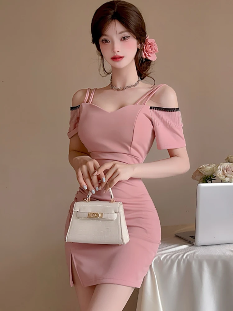 

Summer Pink Off Shouder Tassel Sexy Sling Short Dress Women Pleated Bodycon Casual Dresses 2025 Korean Vintage Luxury Dress Gown