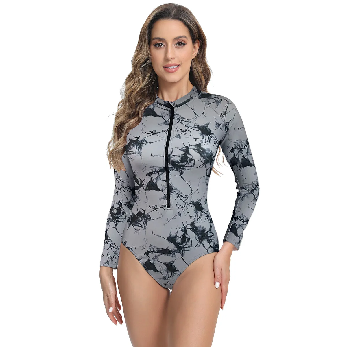 Maiô estampado floral para mulheres, zíper frontal, bodysuit acolchoado, roupas de natação, manga longa, roupa de banho de uma peça, Triang de praia, novo