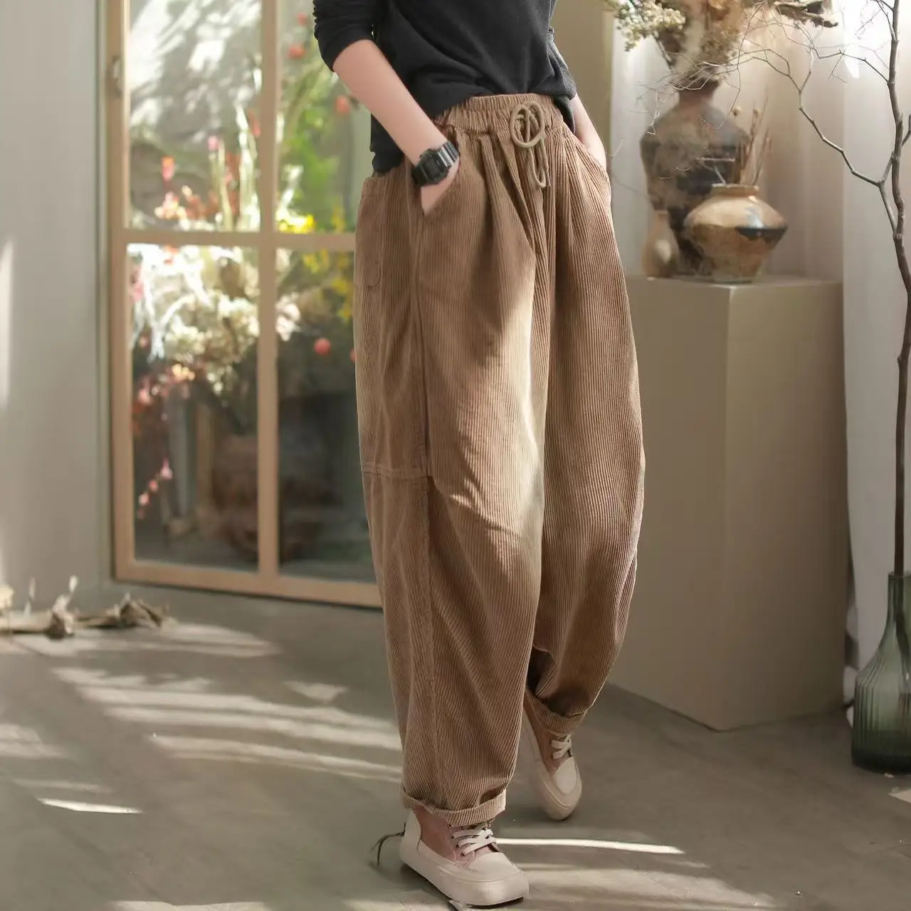 레트로 컬러 코듀로이 팬츠 여성용 가을 겨울 루즈 스트레이트 레그 하이웨이스트 바지 캐주얼 팬츠 한국 스타일