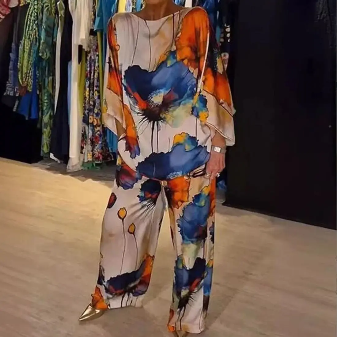 Summer Printed Two Piece Sets Fashion Satin Suits Round Neck 3/4 Sleeved Top Wide Leg Pants Casual Urban Sexy 2PCS Spring  2024