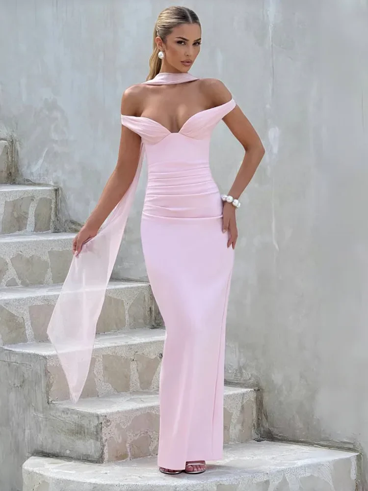 Vestido maxi regata de noite feminino, sexy, decote em v, ombro de fora, cachecol, fita, costas nuas, corte, slim, bodycon, divisão, roupa de festa