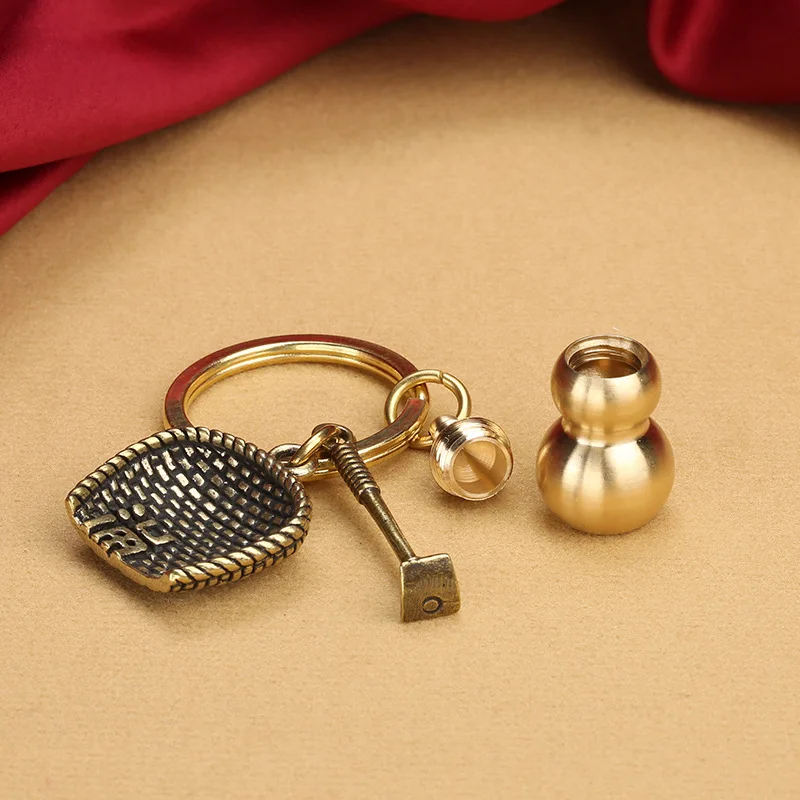 Feng Shui Five Emperors Money Copper Gourd Keychain Wealth Ox Statue and Wu Lou Gourd Calabash With Brass Coins