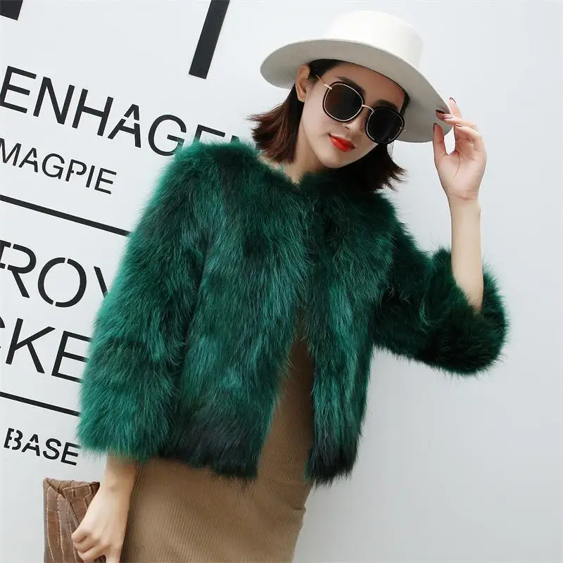 Real Raccoon Fur Woven Coat for Women Short Fur Jacket Long Sleeve V-Neck Fashion New Style Autumn and Winter