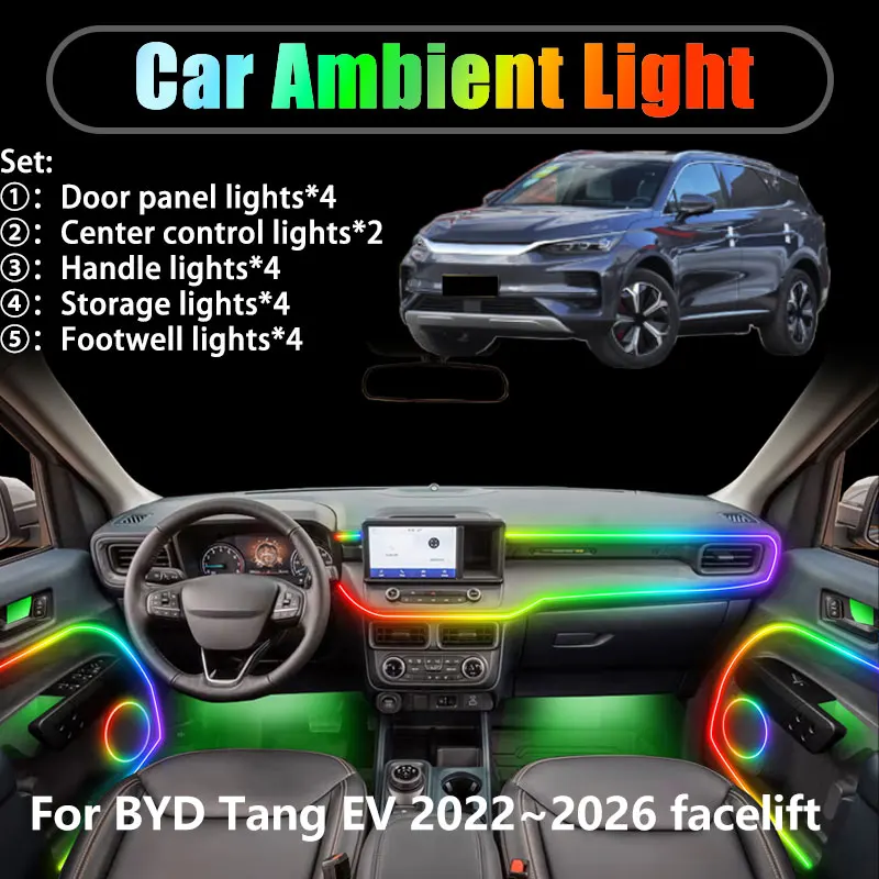 

For BYD Tang EV 2022~2026 2023 facelift 2/18 in 1 Car ambient lighting Led trunk interior led lights USB RGB Ensemble Streamer