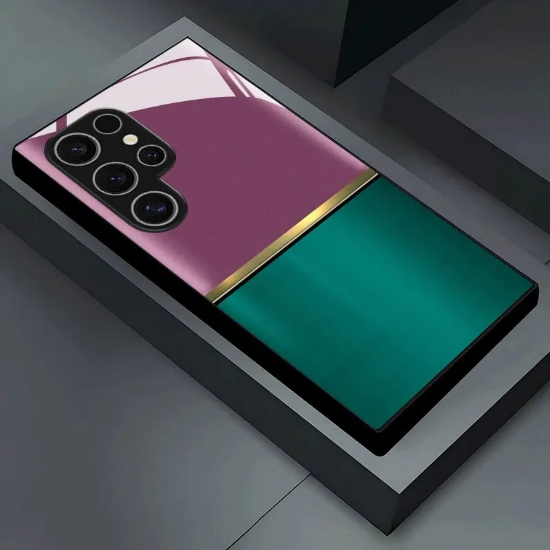 Green purple splicing pattern glass phone case suitable for Samsung Galaxy S26 S25 S24 S22 S21 S20 FE/Ultra/Plus hard case