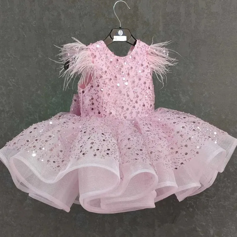 

Kids Dress for Girls Wedding Dress Princess Pink white Feather sequin bead Party Pageant Formal Gown For Teen Children Dress