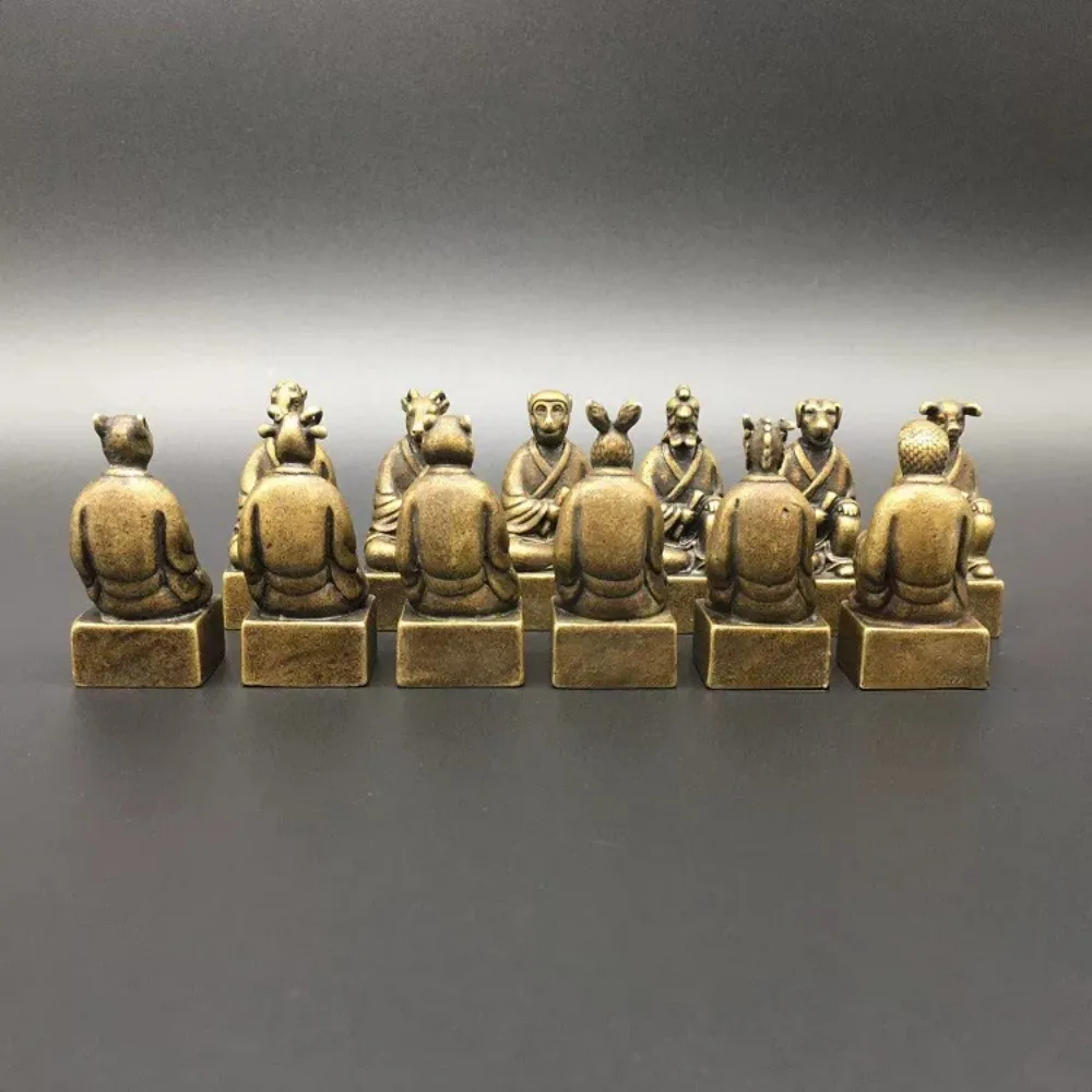 Set of 12 Mini Solid Brass Zodiac Animal Head Seals Desk Stamp Statue Collectible Gift