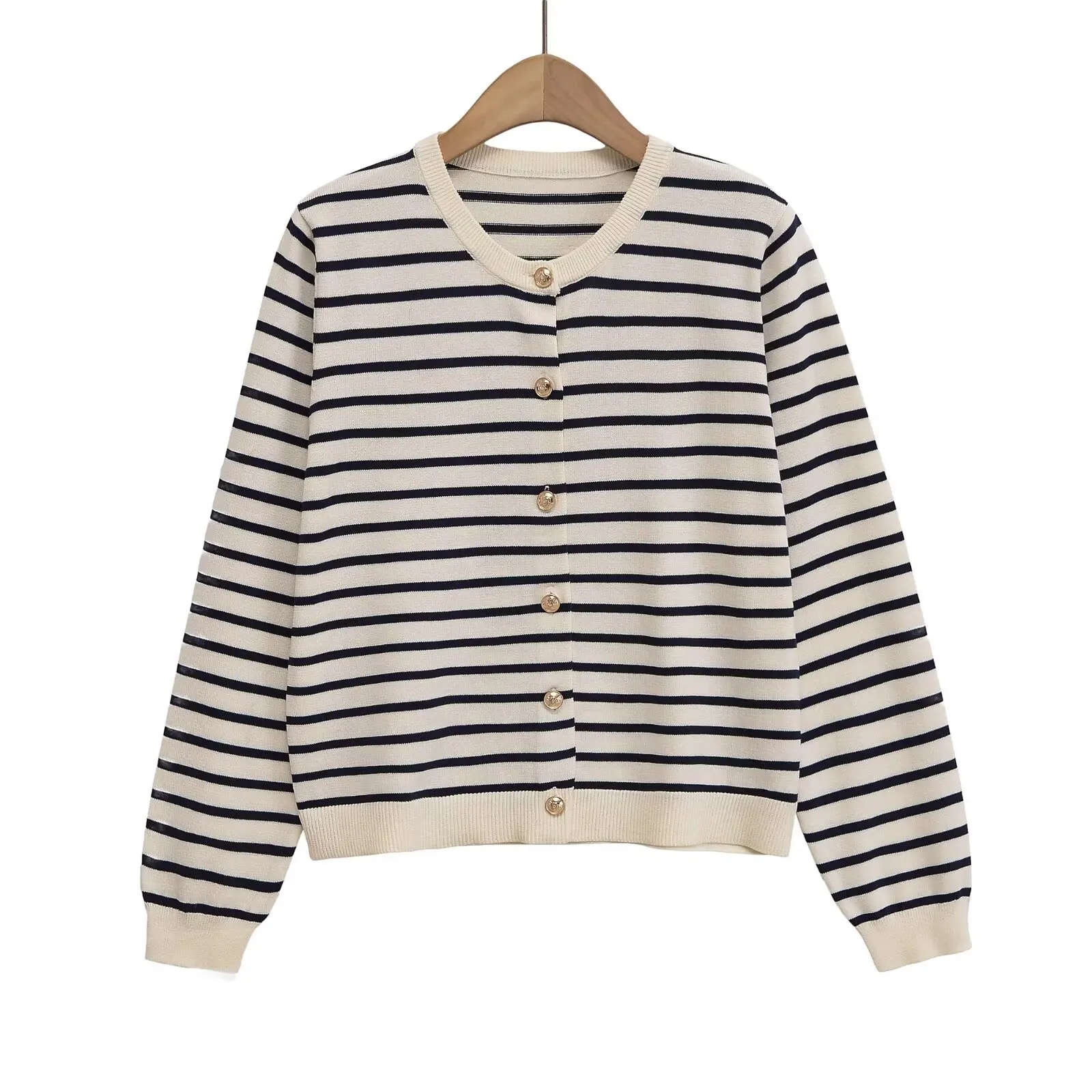Withered 2026 Fashion New Product Striped Knitted Cardigan Versatile Round Neck Buckle Long Sleeve Coat