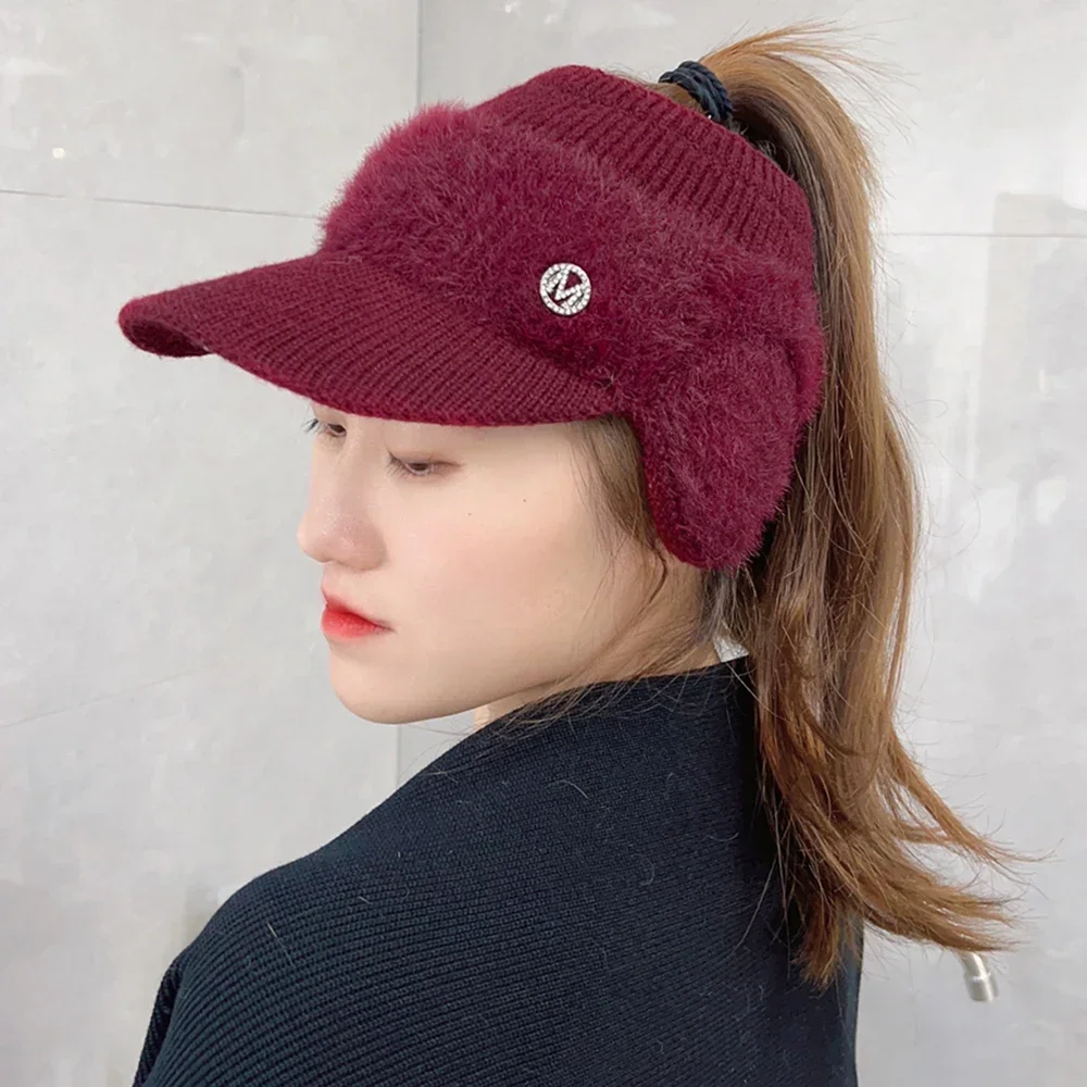 Autumn Winter Women\'s Knitted Fleece Hat Ladies with Earflaps Hats Empty Top Keep Warm Baseball Caps for Female Ear Protection