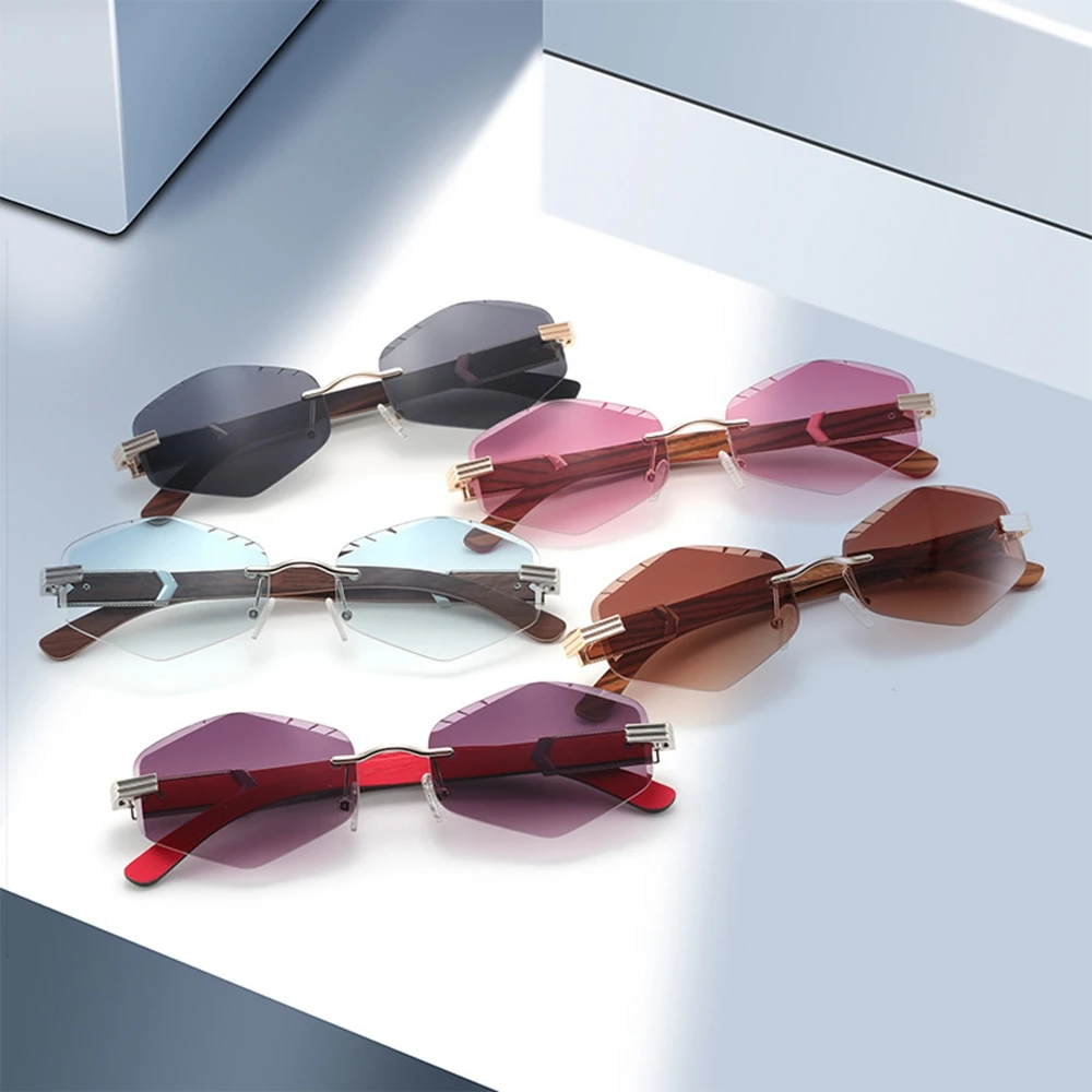 ShinyCoCo Luxury Brand Fashionable Bezel Less Polygonal Lens Cut Narrow Framed Wooden Leg Women Sunglasses
