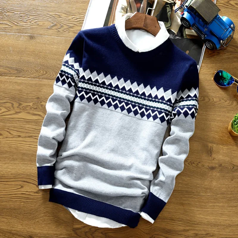 Men Spliced O Neck Jumpers Knitted Sweater Long Sleeve Pullovers Striped Casual Loose Fit Slight Strech Standard Wool Winter