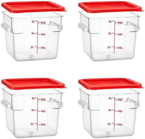 6 Quart Commercial Grade Clear Food Storage Square Polycarbonate Containers With Red Lids 4 Pack