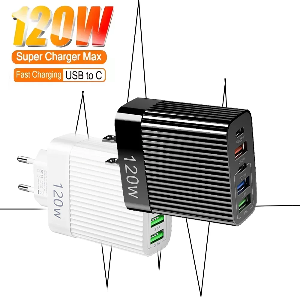 

Striped Five-port Fast Charger EU/US Plug 120W USB Mobile Phone Charger For iPhone Samsung Xiaomi Huawei Smartphone accessories