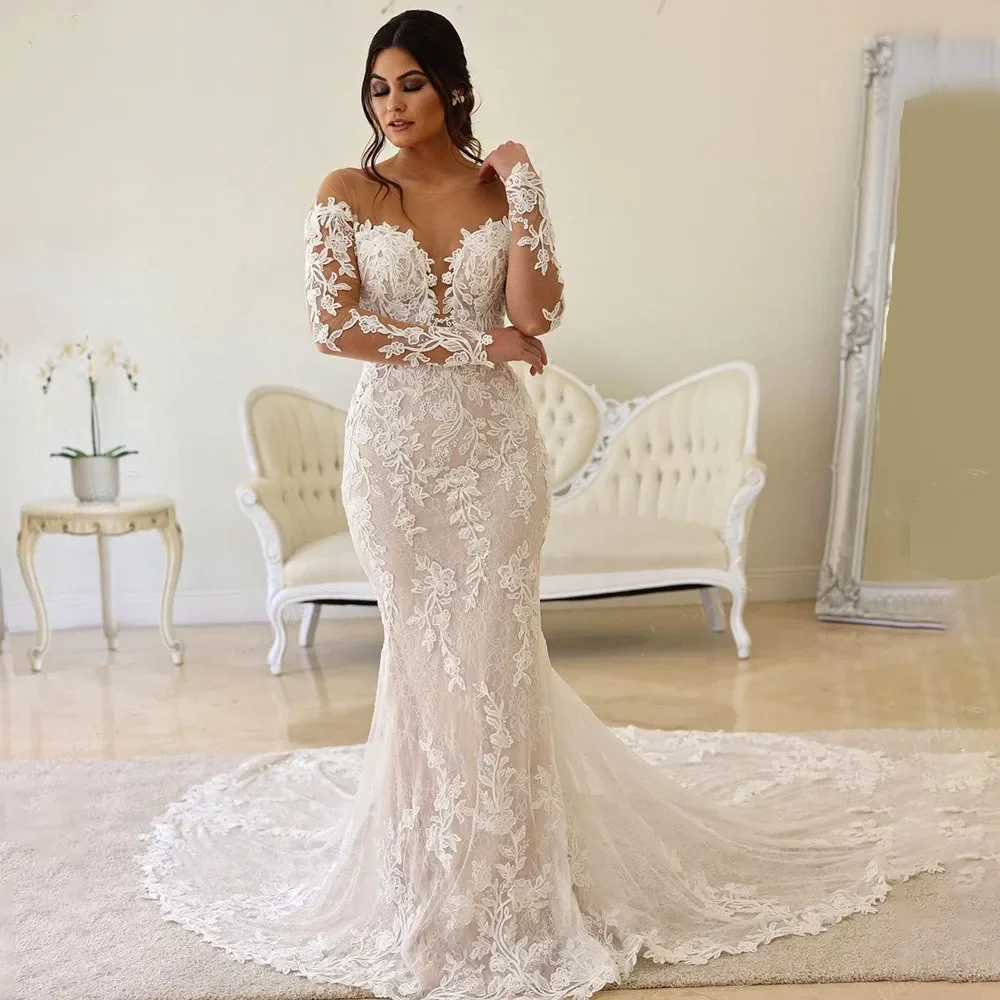 

Lorencia Sexy Long Sleeve Mermaid Wedding Dress Boho Lace Applique Bridal Gown For Bride Vestido De Noiva Robe De Marriage YMW61