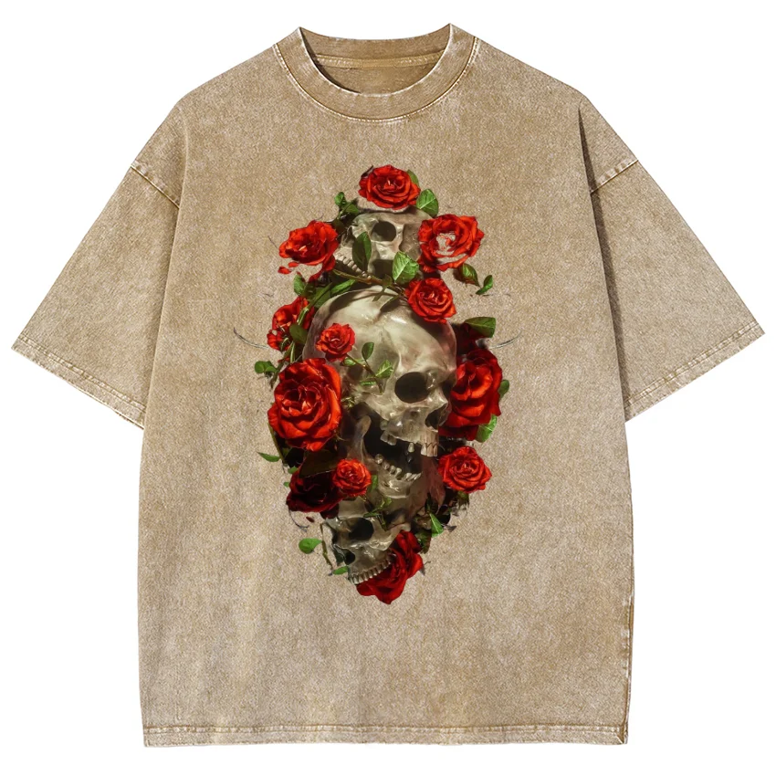 Rose Decoration Round Neck  Short Sleeves Retro Sportswear  Washed Plus Size T-shirt  Y2K Streetwear Clothing  2024 Summer