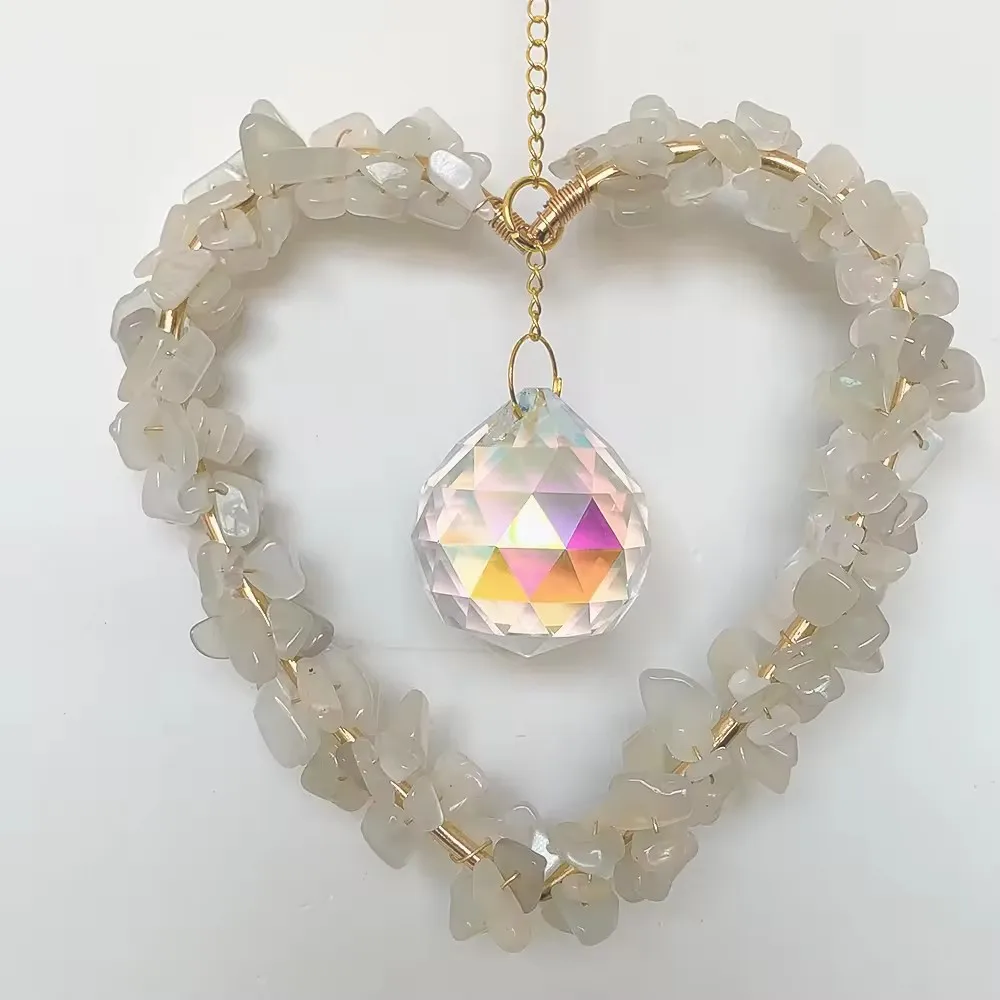 Custom Gold Heart Shape White Moonstone Crystal Chip Sun Catcher - Glass Pendants Hanging Ornament for Window Decor