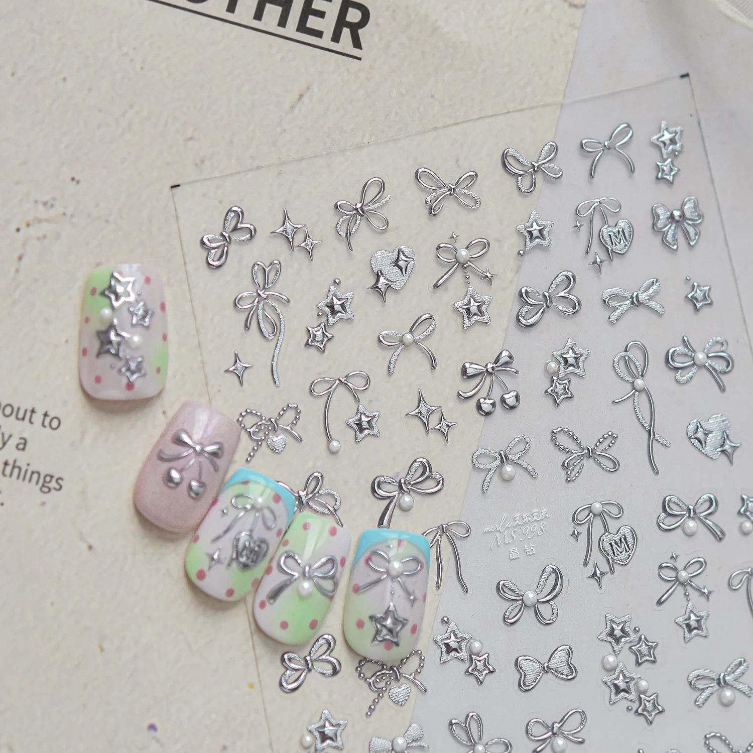 1Pcs Silver Bow Star Nail Stickers Cherry Bows Star Love Heart Pearl 5D Crystal Nail Decoration Self Adhesive Nail Stickers DIY