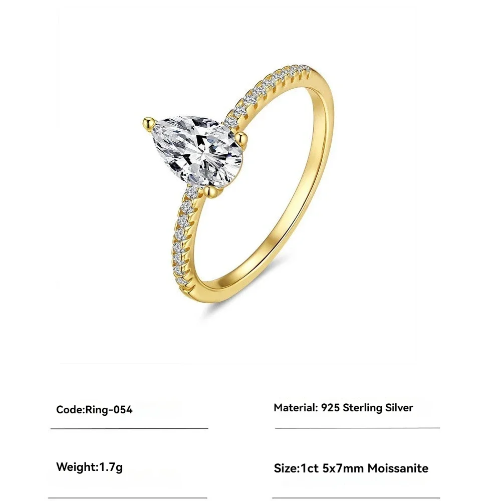 

1ct 5x7mm Water Drop Moissanite Finger Ring - Prom Party Ring & Engagement Gold Plated Jewelry Gift for Women