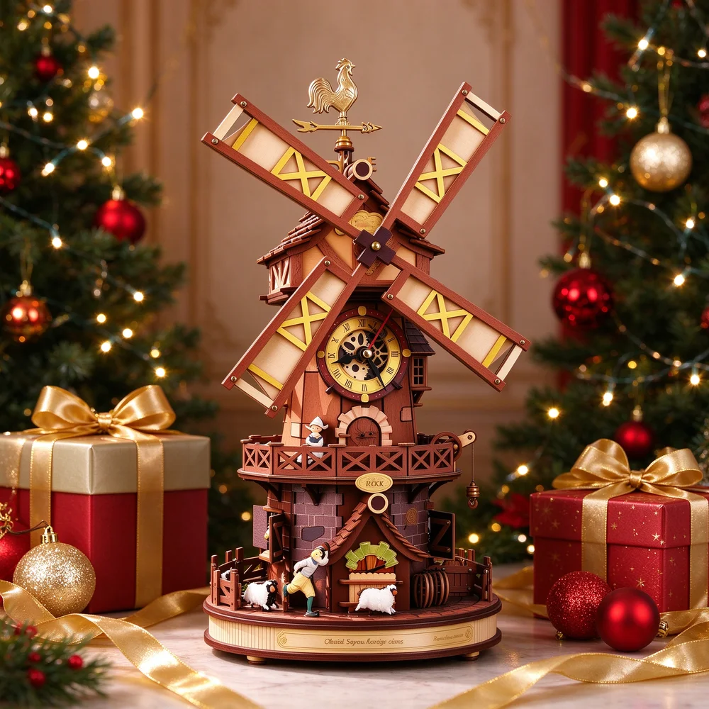 Wooden Windmill Clock DIY 3D Puzzle Building Kit with LED Light Desk Decor Gift for Adults DIY Enthusiasts Birthday Holiday