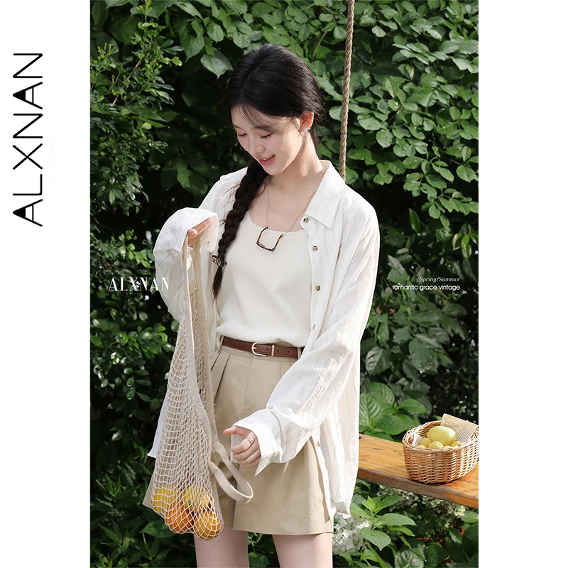 ALXNAN Kemeja Bergaris Kasual Tabir Surya Kasual Lengan Panjang Blus 2025 Musim Panas Elegan Longgar Liburan Pakaian Wanita L56567
