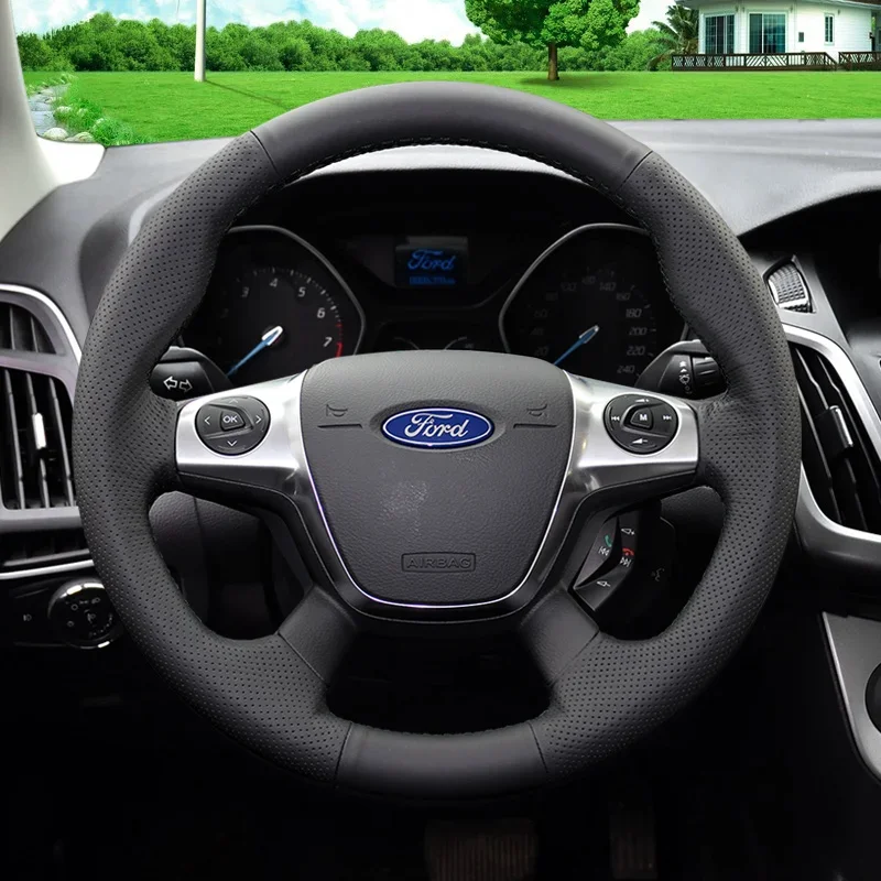 For Ford Focus Mondeo Fiesta Ecosport Escort Fashion Leather Hand Sewn Car Steering Wheel Cover DIY Accessories Cover Customize