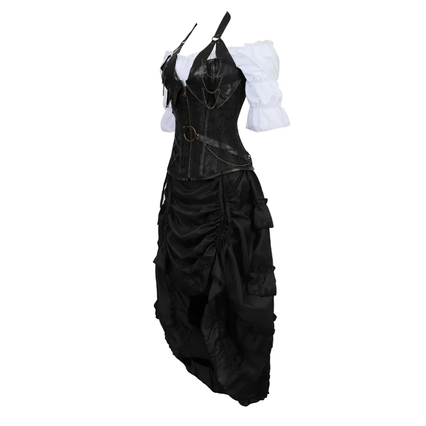 Women Steampunk Corset Dress Sexy Gothic Corset Renaissance Blouse With Irregular Pleated Skirt Three-Pieces Set Cosplay Costume