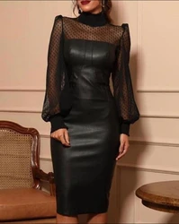 2023 Autumn Solid Color Dresses for Women Bodycon Dress Long Sleeve See Through Faux Leather Dot Mesh Puff Lantern Sleeve Dress