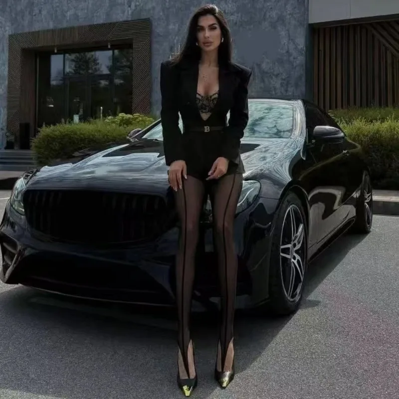 

Women Footless Tights with Toe Loop Design Black Stockings Asymmetry Leggings Elegant Office Wear Striped Mesh Pantyhose Hosiery