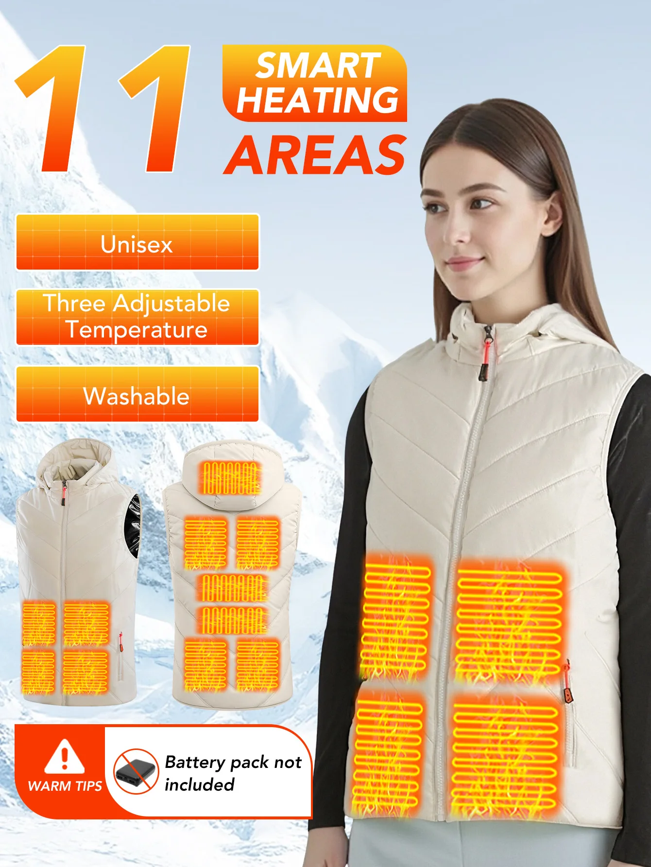 

Zone 11, жилет с капюшоном с подогревом, для мужчин и женщин, питание от USB, уличный, теплый жилет, передний и задний отдельно управляемый переключатель