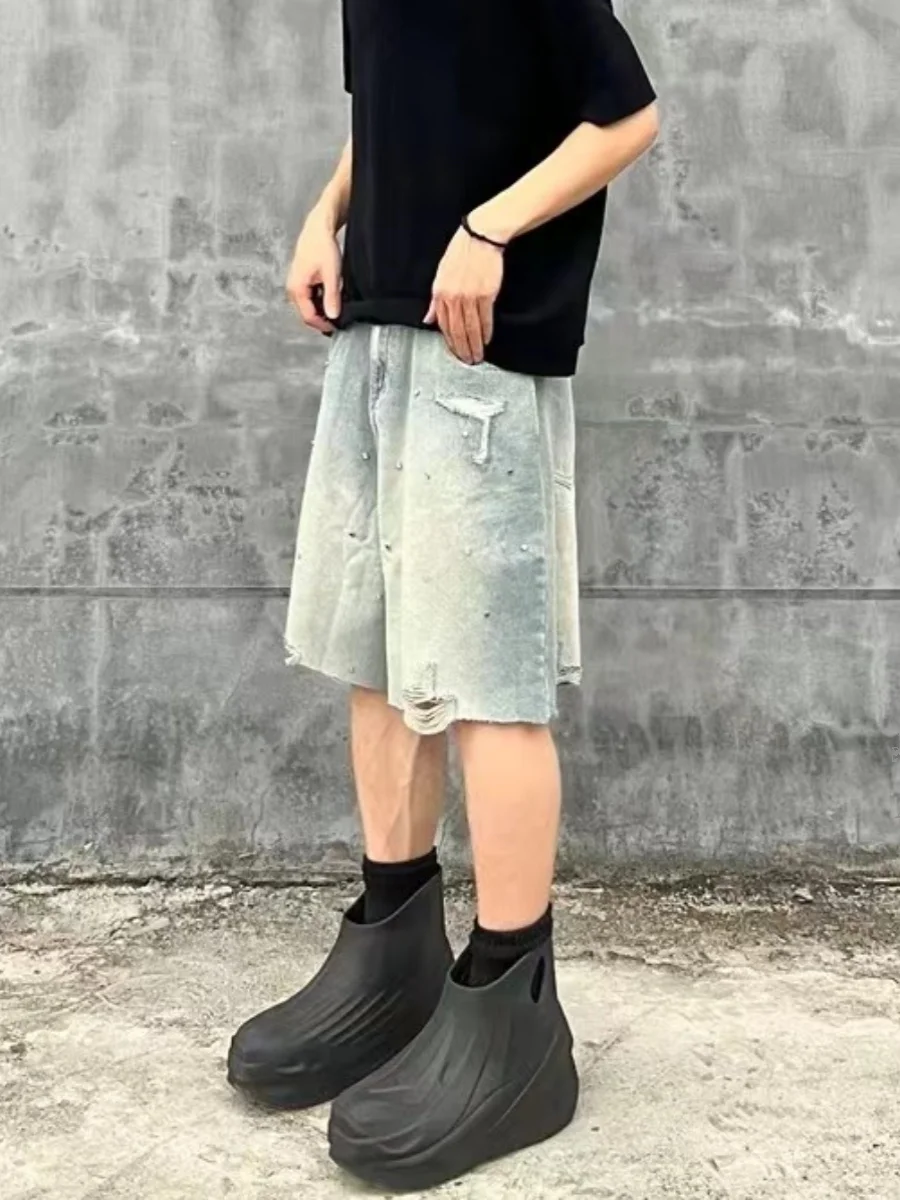 

Джинсовые брюки American Sle Diamond Nail Hole для мужчин и женщин, летний дизайн, свободные прямые брюки, уличные брюки пять четвертей