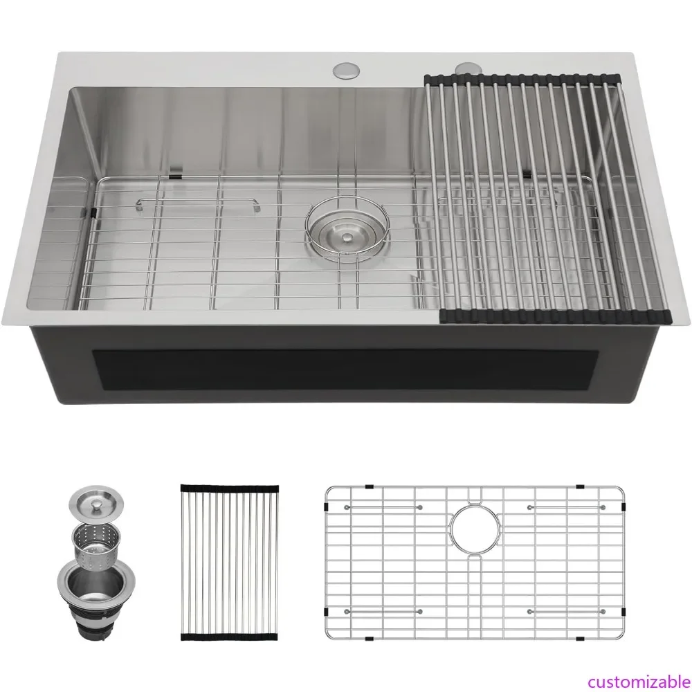 

33 Inch Drop in Kitchen Sink 33 x 19 Topmount Sink 16 Gauge Stainless Steel Single Bowl Deep Sink with Drain Strainer