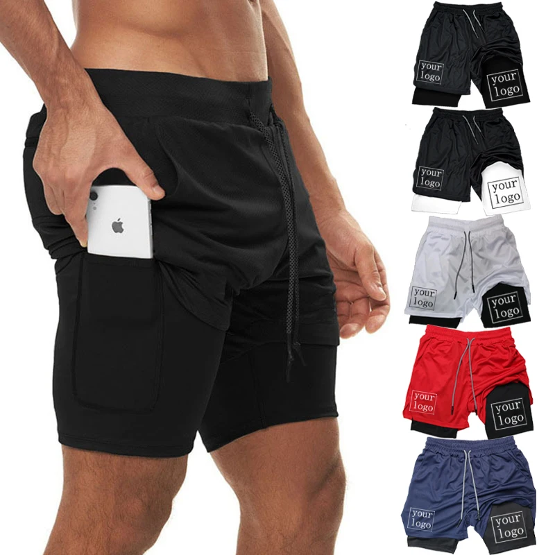 Uw eigen logo Aangepaste hardloopshorts Heren 2-in-1 sportshorts Gym Sneldrogende training Dubbellaags korte broek Strandshorts 2 stuks