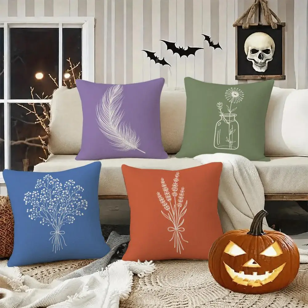 Minimal Botanical Line Art Cushion Cover Halloween decoration trick or treat cushion cover, ghost, pumpkin head, bat decoration