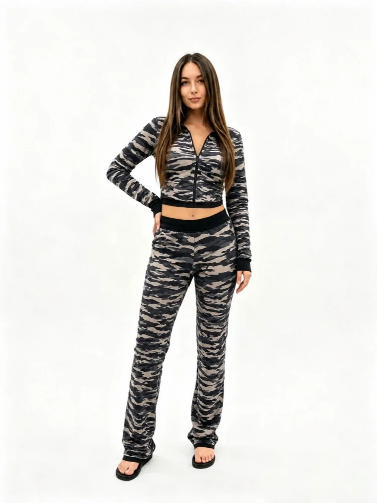 Women Camo Print Two Piece Tracksuit Zip Up Hooded Long Sleeve Cropped Top High Waist Flare Pants Female Casual Streetwear