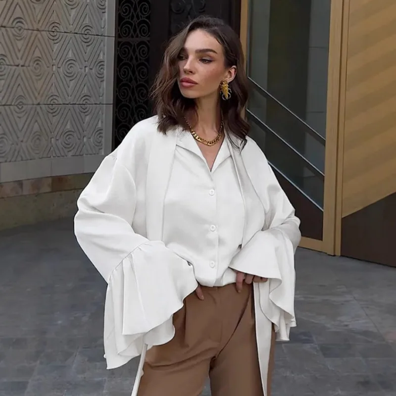 2025 primavera moda nova camisa serpentina bege médio e longo roupas femininas cetim topo feminino 1212