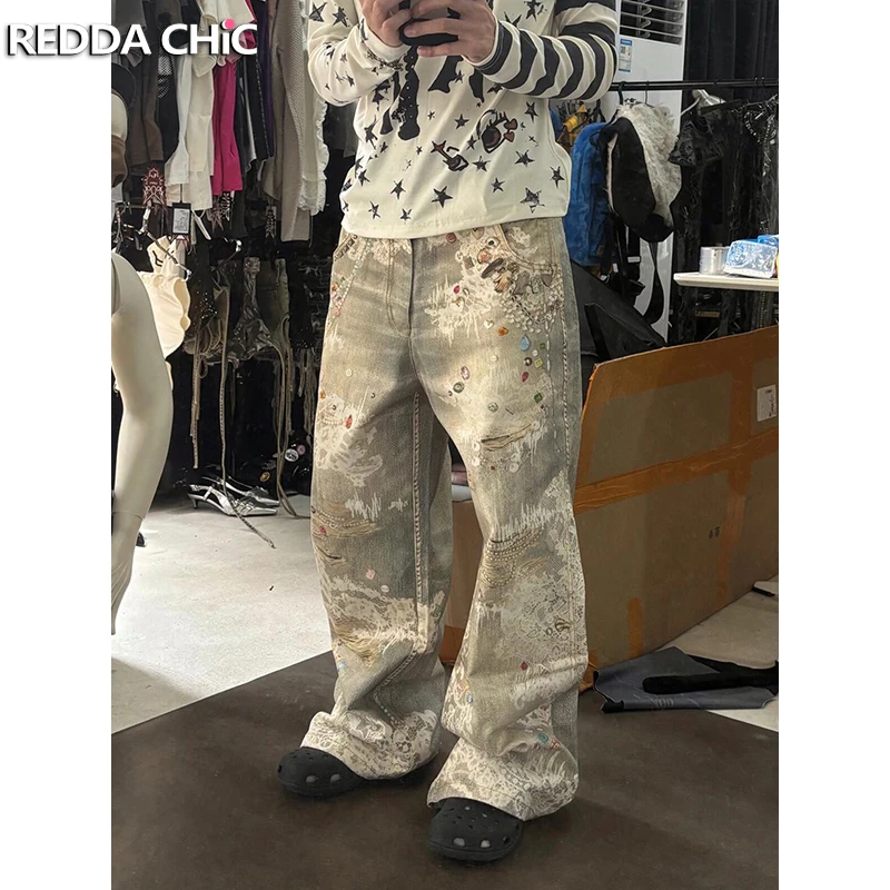 

REDDACHIC Vintage Ripped Print Baggy Jeans Men Washed Distressed High Waist Straight Hiphop Wide Leg Denim Pants Y2k Streetwear