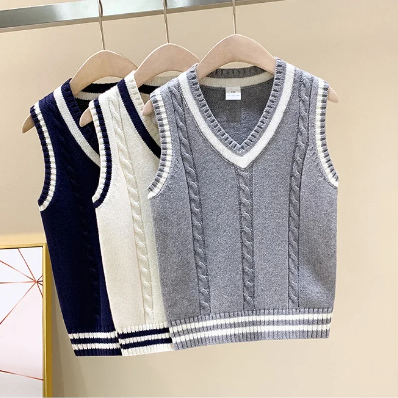 

School Kids Knitted Vest Preppy Style Casual All-match Outerwear Waistcoats for Girls Spring Autumn Children Sweater 4-15 Years