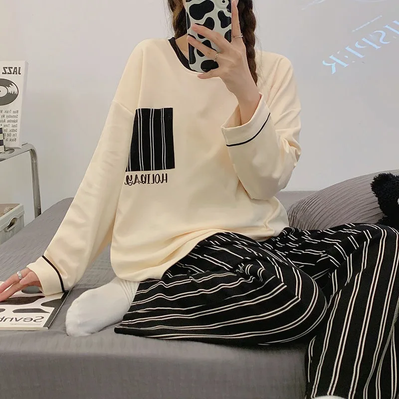2024 New Cotton Cute Cartoon Pajamas Women Spring Autumn Sleepwear Long Sleeves Round Collar Loungewear Loose Homewear Suit